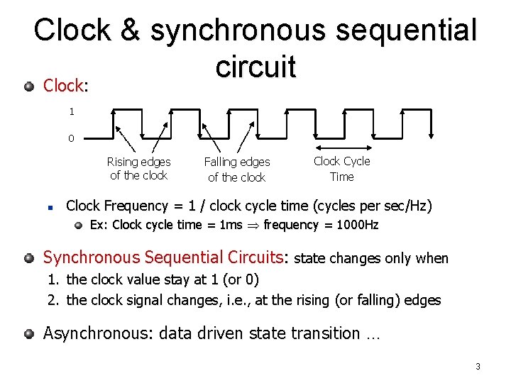 Clock & synchronous sequential circuit Clock: 1 0 Rising edges of the clock n