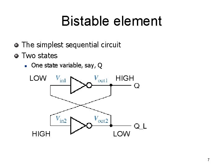 Bistable element The simplest sequential circuit Two states n One state variable, say, Q