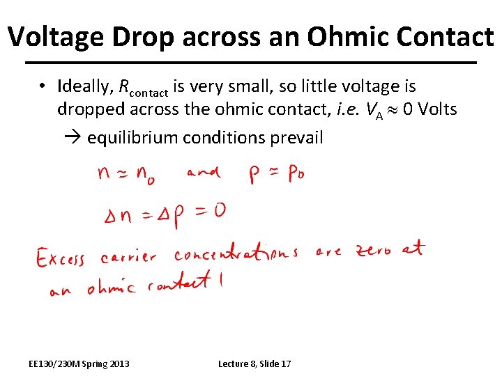 Voltage Drop across an Ohmic Contact • Ideally, Rcontact is very small, so little