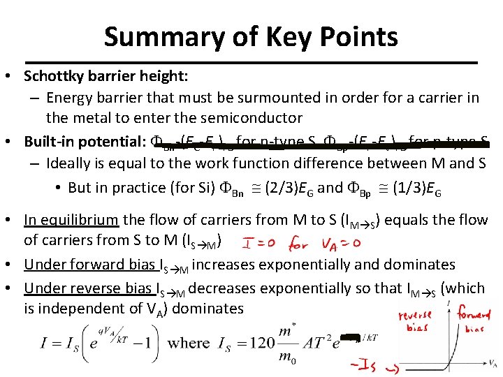 Summary of Key Points • Schottky barrier height: – Energy barrier that must be