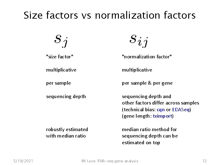 Size factors vs normalization factors 5/19/2021 "size factor" "normalization factor" multiplicative per sample &