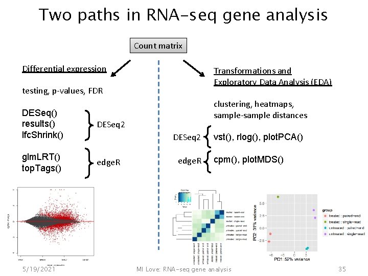 Two paths in RNA-seq gene analysis Count matrix Differential expression Transformations and Exploratory Data