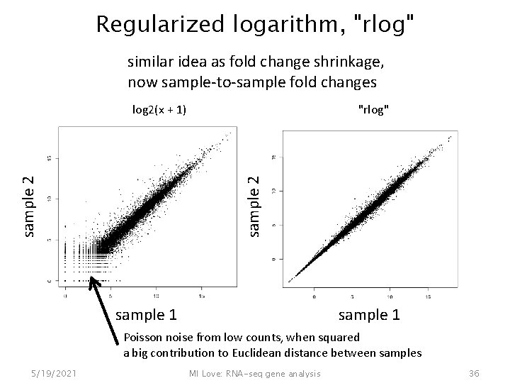 Regularized logarithm, "rlog" similar idea as fold change shrinkage, now sample-to-sample fold changes "rlog"