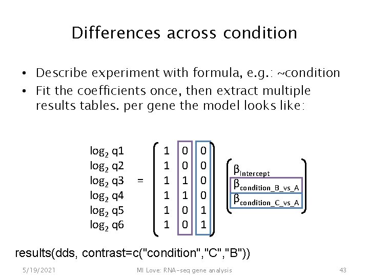 Differences across condition • Describe experiment with formula, e. g. : ~condition • Fit
