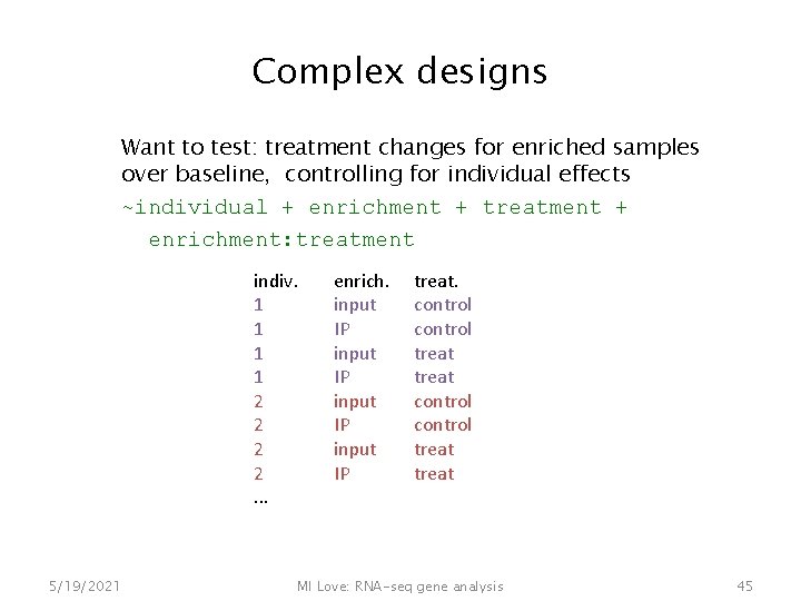 Complex designs Want to test: treatment changes for enriched samples over baseline, controlling for