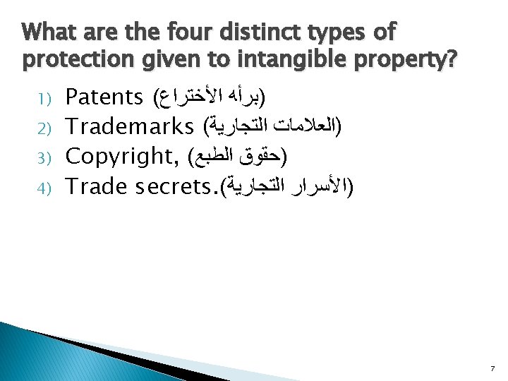 What are the four distinct types of protection given to intangible property? 1) 2)