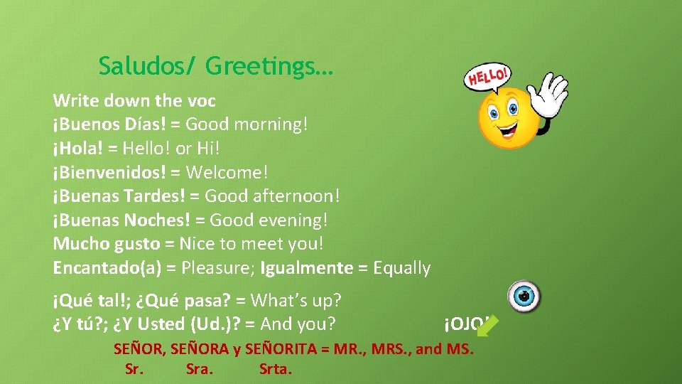 Saludos Greetings Write down the voc Buenos Das