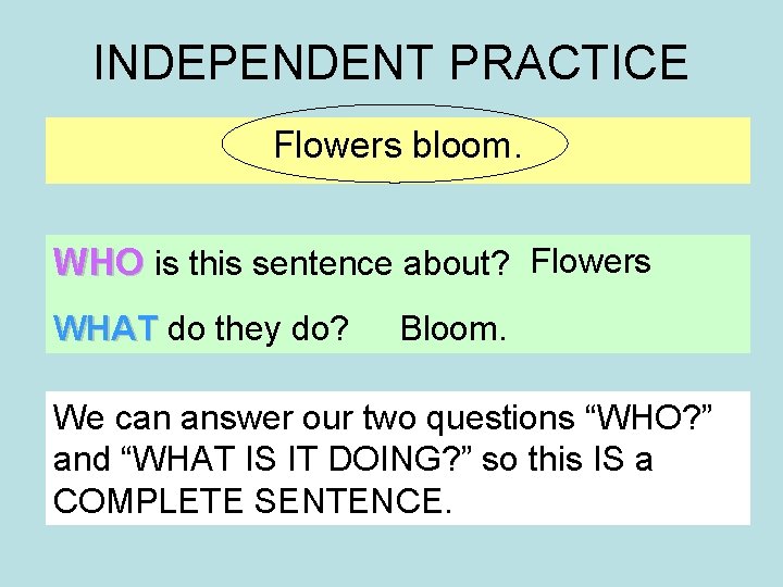 INDEPENDENT PRACTICE Flowers bloom. WHO is this sentence about? Flowers WHAT do they do?