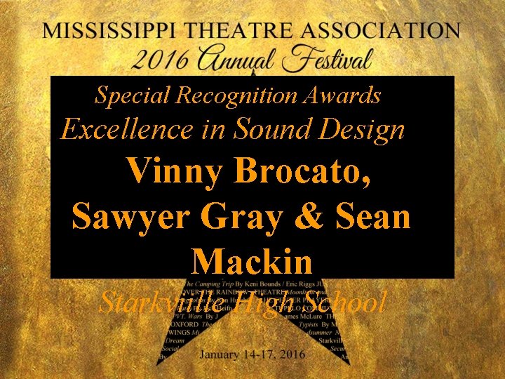 Special Recognition Awards Excellence in Sound Design Vinny Brocato, Sawyer Gray & Sean Mackin