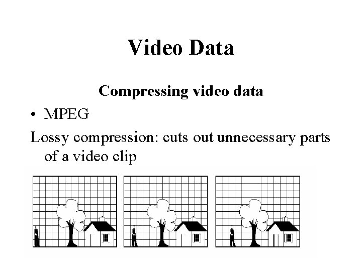 Video Data Compressing video data • MPEG Lossy compression: cuts out unnecessary parts of