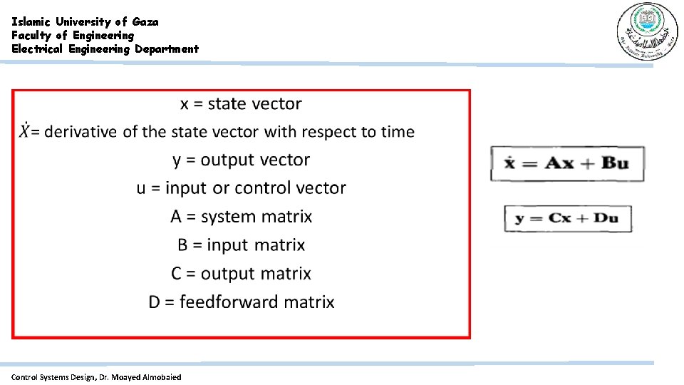 Islamic University of Gaza Faculty of Engineering Electrical Engineering Department Control Systems Design, Dr.