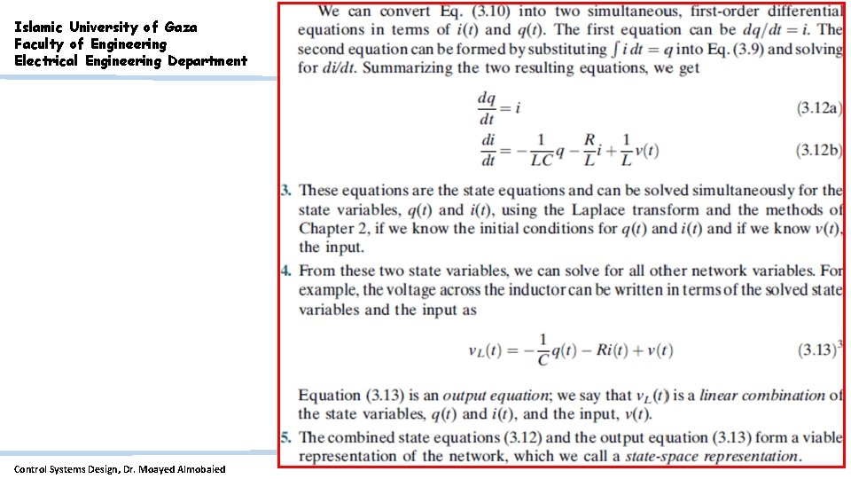 Islamic University of Gaza Faculty of Engineering Electrical Engineering Department Control Systems Design, Dr.