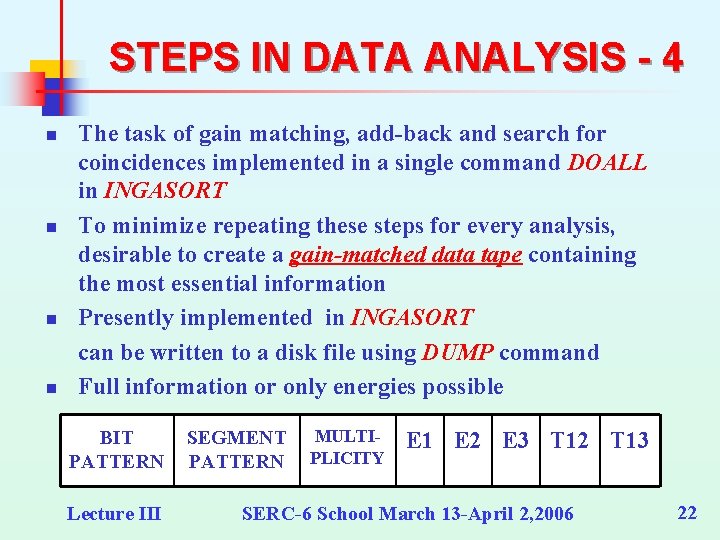 STEPS IN DATA ANALYSIS - 4 n n The task of gain matching, add-back STEPS IN DATA ANALYSIS - 4 n n The task of gain matching, add-back