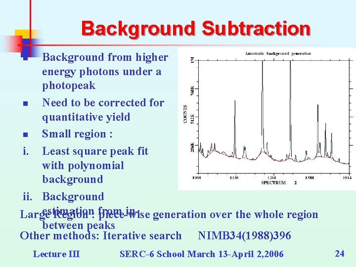 Background Subtraction Background from higher energy photons under a photopeak n Need to be Background Subtraction Background from higher energy photons under a photopeak n Need to be