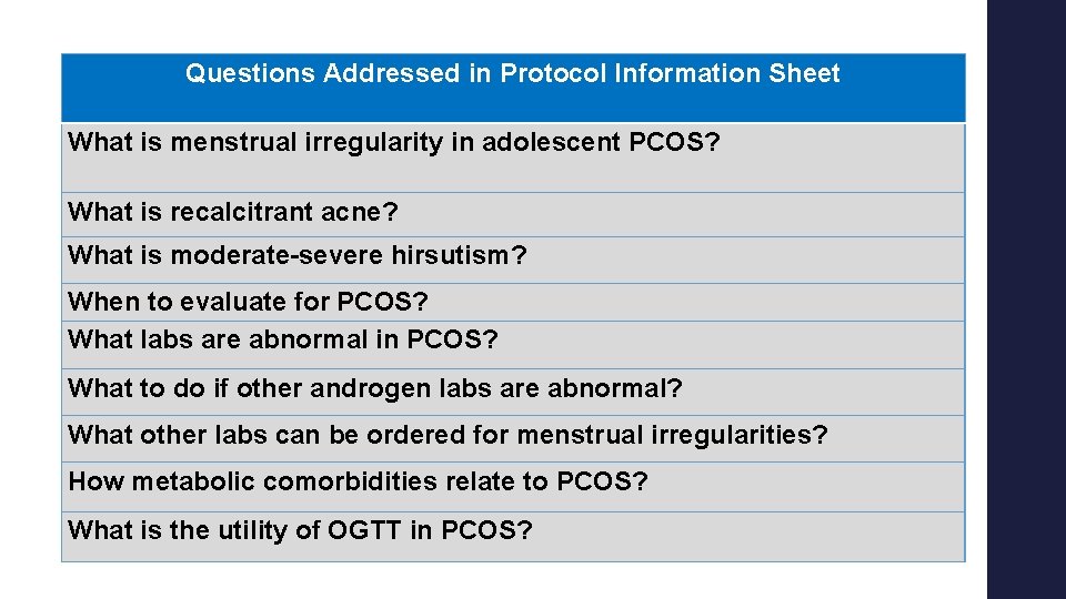 Questions Addressed in Protocol Information Sheet What is menstrual irregularity in adolescent PCOS? What Questions Addressed in Protocol Information Sheet What is menstrual irregularity in adolescent PCOS? What