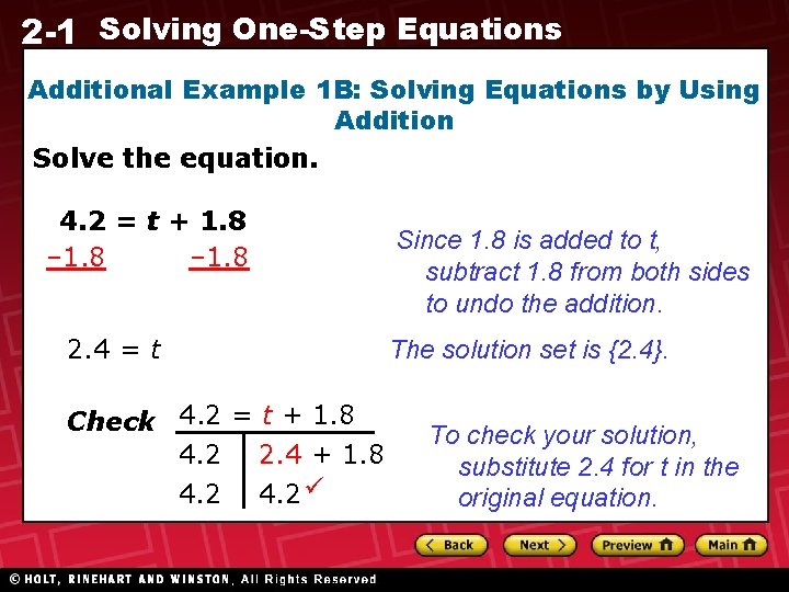 2 -1 Solving One-Step Equations Additional Example 1 B: Solving Equations by Using Addition