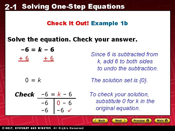 2 -1 Solving One-Step Equations Check It Out! Example 1 b Solve the equation.