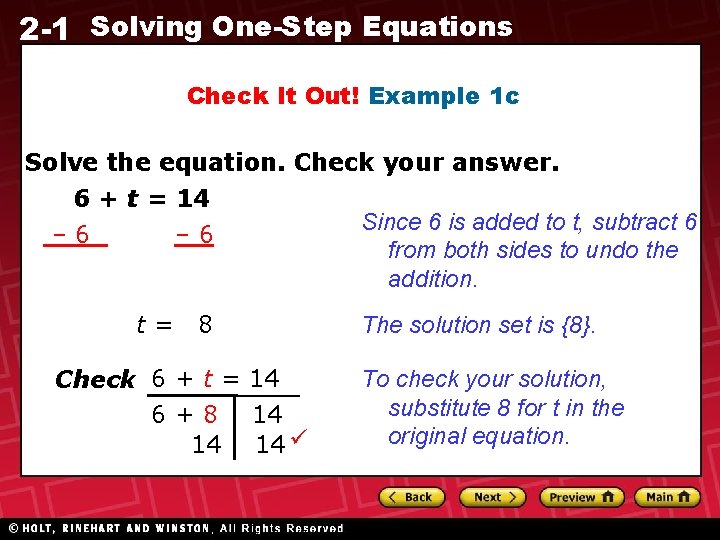 2 -1 Solving One-Step Equations Check It Out! Example 1 c Solve the equation.