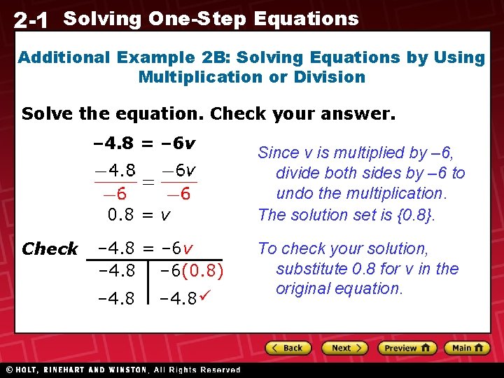 2 -1 Solving One-Step Equations Additional Example 2 B: Solving Equations by Using Multiplication