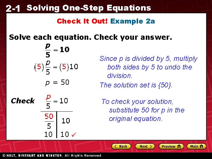 2 -1 Solving One-Step Equations Check It Out! Example 2 a Solve each equation.