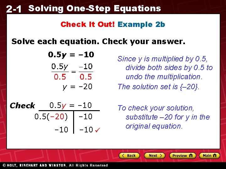 2 -1 Solving One-Step Equations Check It Out! Example 2 b Solve each equation.