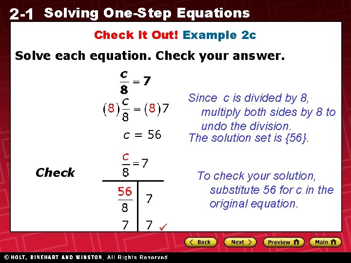 2 -1 Solving One-Step Equations Check It Out! Example 2 c Solve each equation.