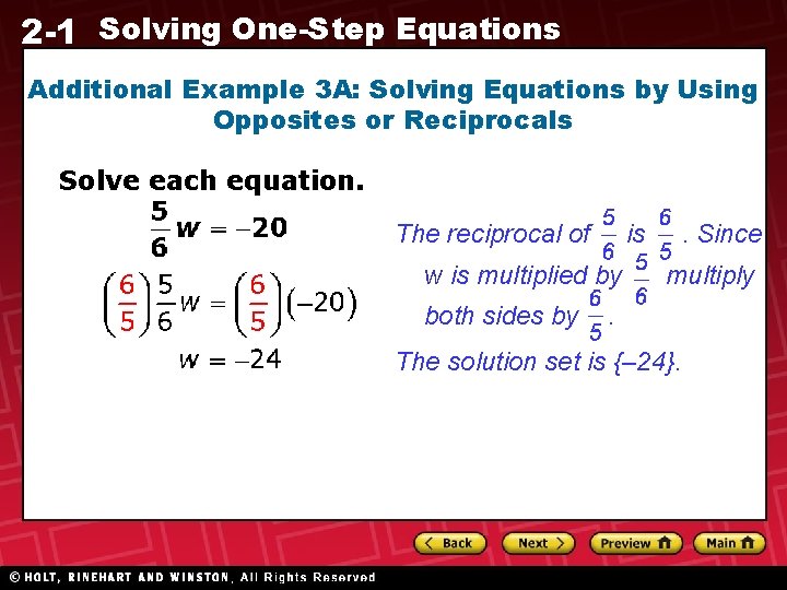 2 -1 Solving One-Step Equations Additional Example 3 A: Solving Equations by Using Opposites