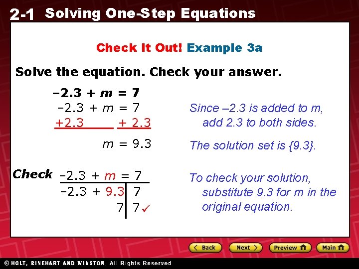 2 -1 Solving One-Step Equations Check It Out! Example 3 a Solve the equation.