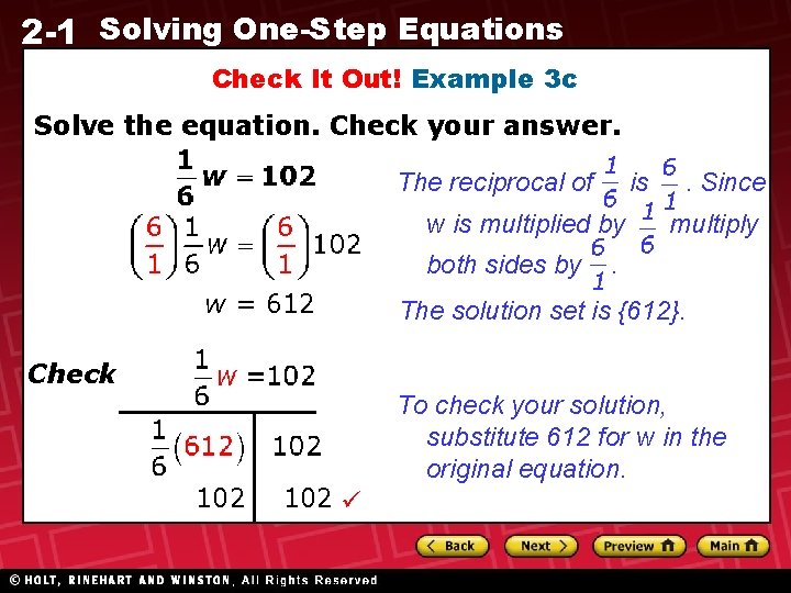 2 -1 Solving One-Step Equations Check It Out! Example 3 c Solve the equation.