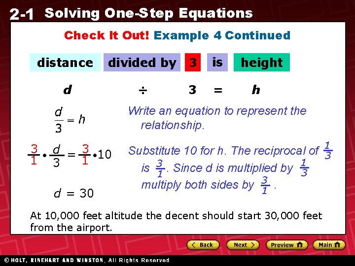 2 -1 Solving One-Step Equations Check It Out! Example 4 Continued distance divided by