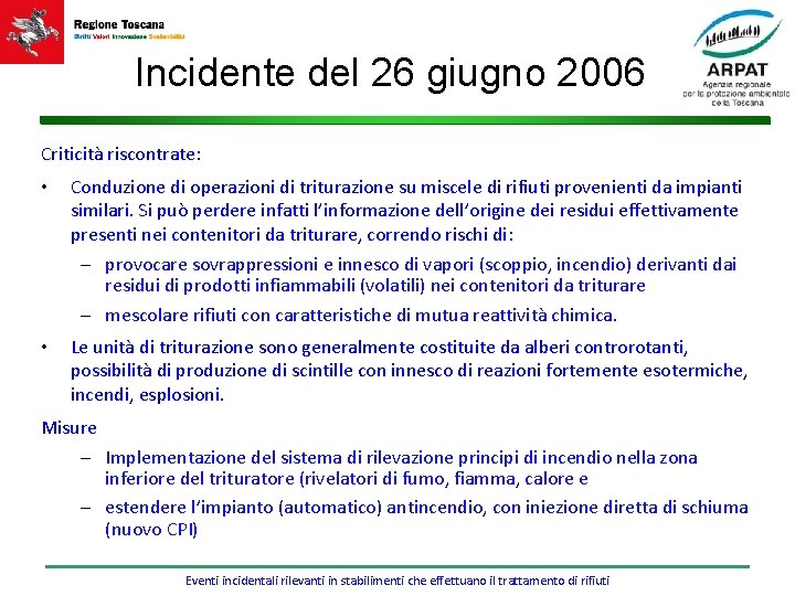 Incidente del 26 giugno 2006 Criticità riscontrate: • Conduzione di operazioni di triturazione su