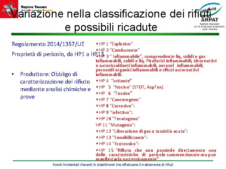 Variazione nella classificazione dei rifiuti e possibili ricadute Regolamento 2014/1357/UE • HP 1 "Esplosivo“