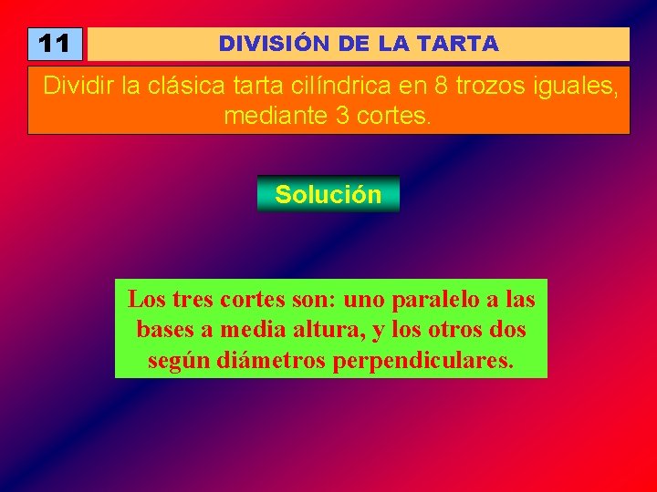 11 DIVISIÓN DE LA TARTA Dividir la clásica tarta cilíndrica en 8 trozos iguales,