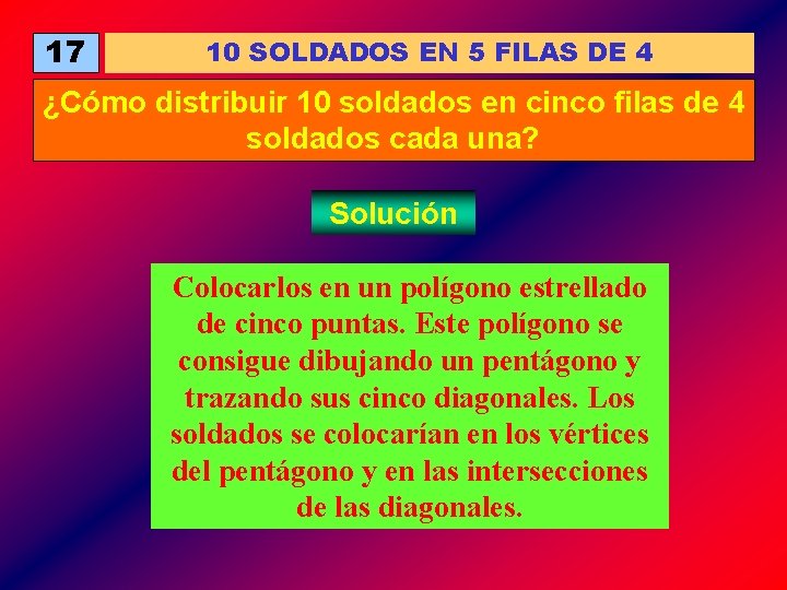 17 10 SOLDADOS EN 5 FILAS DE 4 ¿Cómo distribuir 10 soldados en cinco