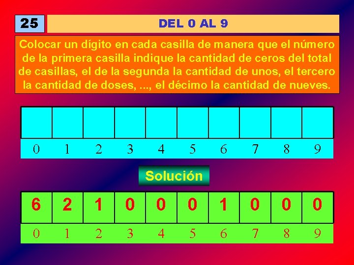 25 DEL 0 AL 9 Colocar un dígito en cada casilla de manera que