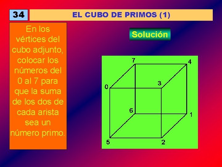 34 En los vértices del cubo adjunto, colocar los números del 0 al 7