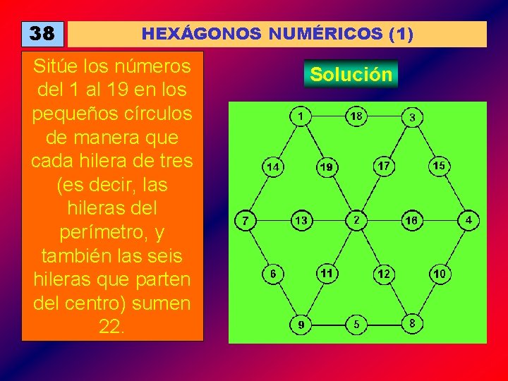 38 HEXÁGONOS NUMÉRICOS (1) Sitúe los números del 1 al 19 en los pequeños