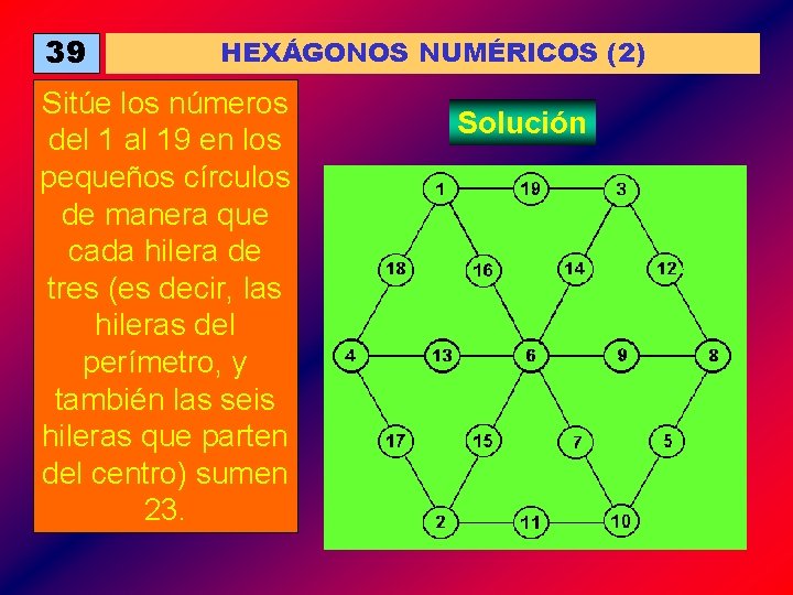 39 HEXÁGONOS NUMÉRICOS (2) Sitúe los números del 1 al 19 en los pequeños