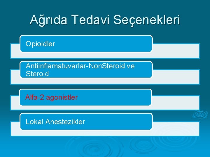 Ağrıda Tedavi Seçenekleri Opioidler Antiinflamatuvarlar-Non. Steroid ve Steroid Alfa-2 agonistler Lokal Anestezikler 