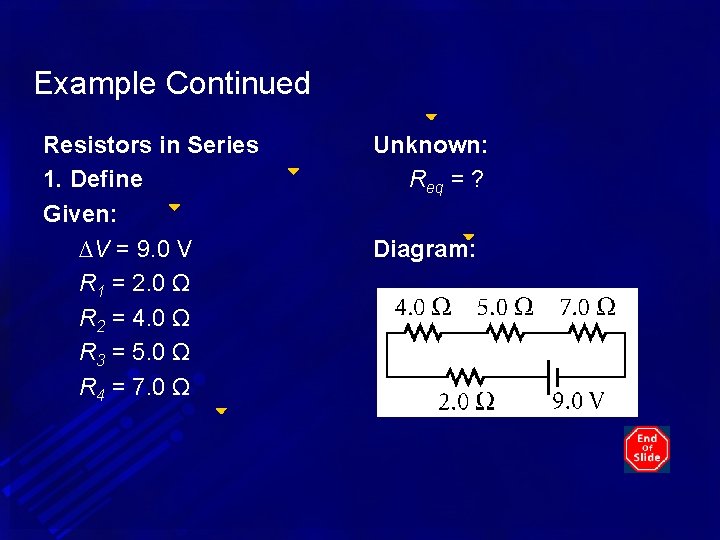Example Continued Resistors in Series 1. Define Given: ∆V = 9. 0 V R