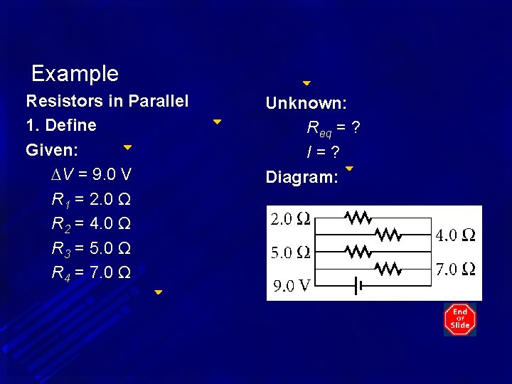 Example Resistors in Parallel 1. Define Given: ∆V = 9. 0 V R 1