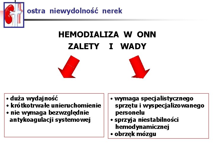 ostra niewydolność nerek HEMODIALIZA W ONN ZALETY I WADY • duża wydajność • krótkotrwałe