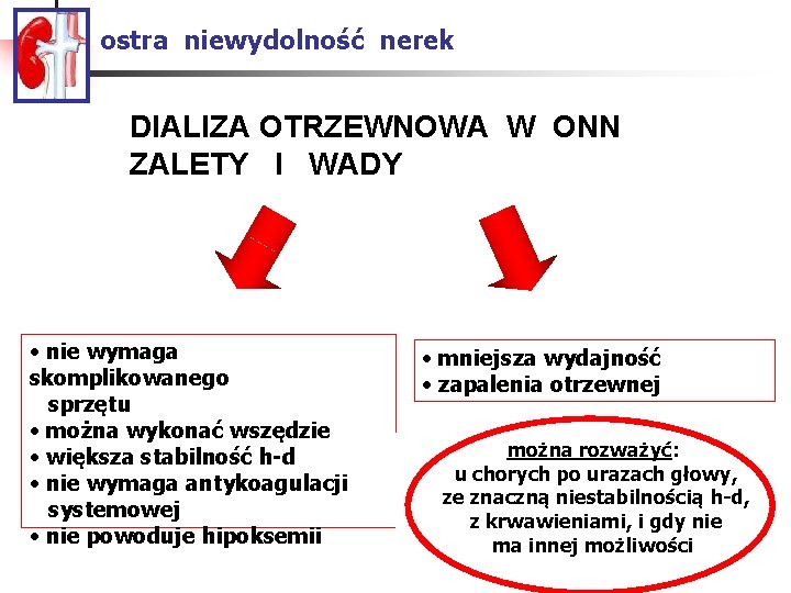 ostra niewydolność nerek DIALIZA OTRZEWNOWA W ONN ZALETY I WADY • nie wymaga skomplikowanego