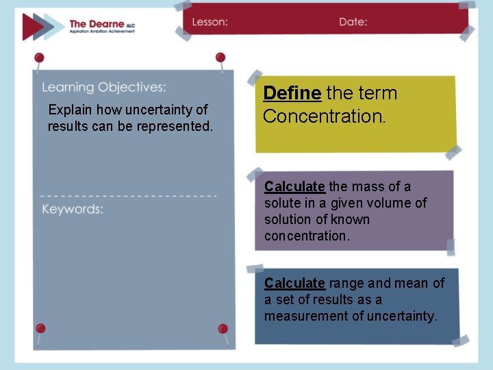 Explain how uncertainty of results can be represented. Define the term Concentration. Calculate the