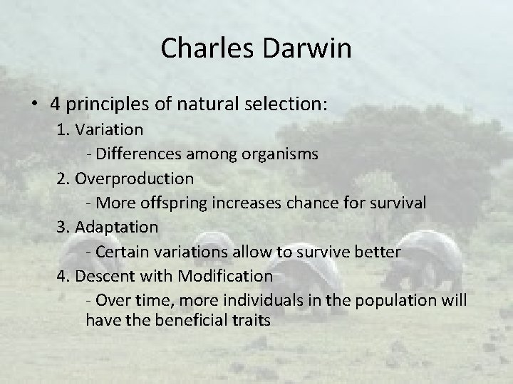 Charles Darwin • 4 principles of natural selection: 1. Variation - Differences among organisms