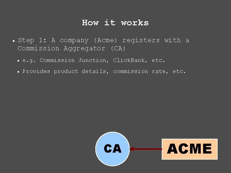 How it works Step 1: A company (Acme) registers with a Commission Aggregator (CA)