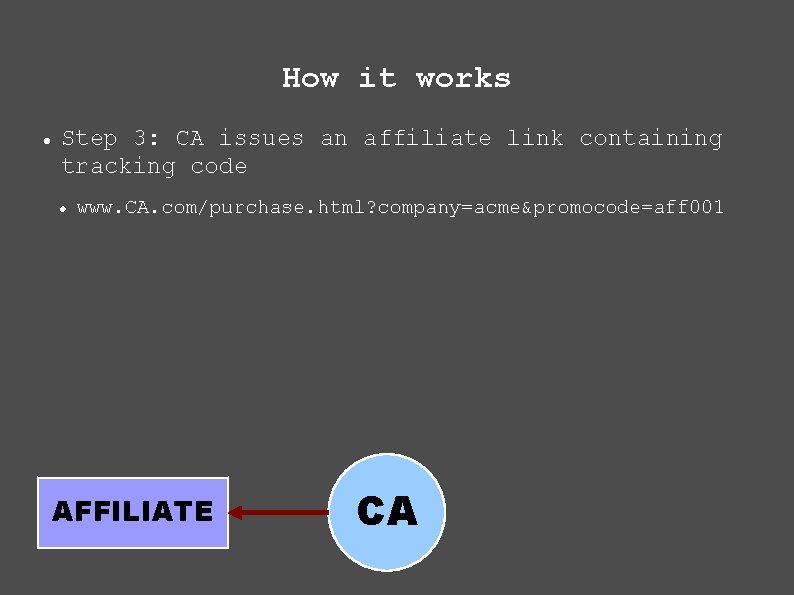 How it works Step 3: CA issues an affiliate link containing tracking code www.