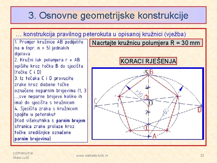 3. Osnovne geometrijske konstrukcije … konstrukcija pravilnog peterokuta u opisanoj kružnici (vježba) Nacrtajte kružnicu