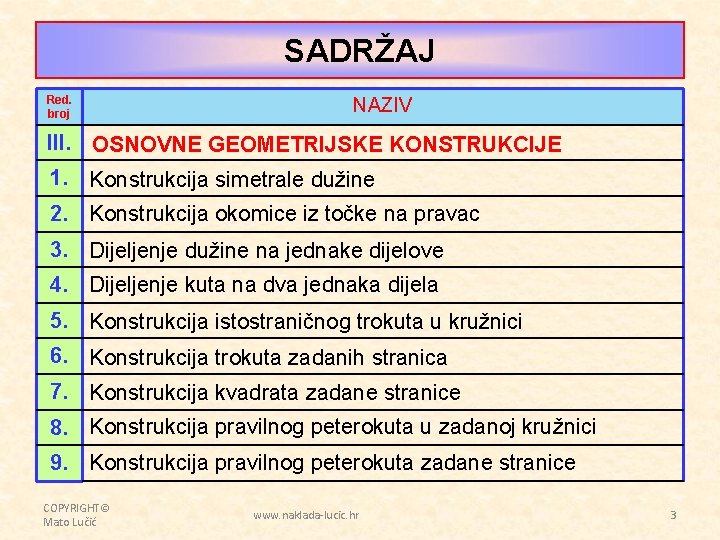 SADRŽAJ Red. broj NAZIV III. OSNOVNE GEOMETRIJSKE KONSTRUKCIJE 1. Konstrukcija simetrale dužine 2. Konstrukcija