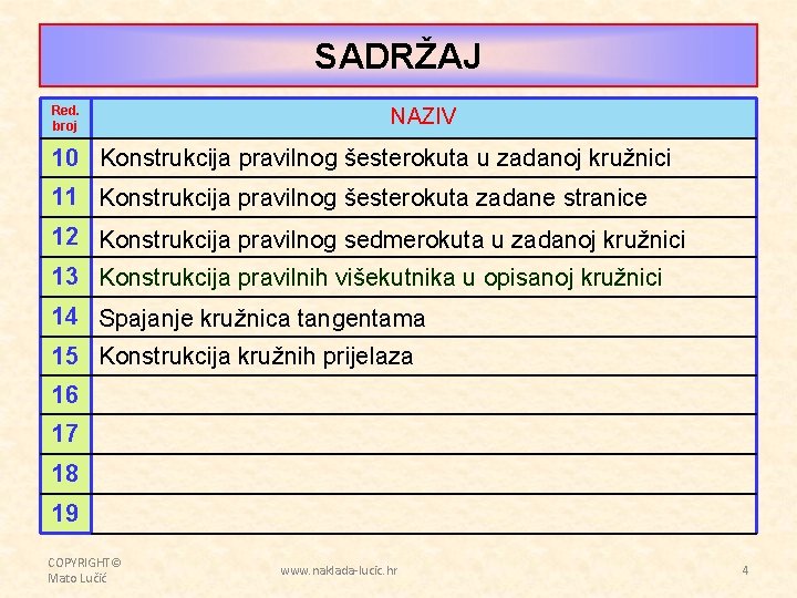 SADRŽAJ Red. broj NAZIV 10 Konstrukcija pravilnog šesterokuta u zadanoj kružnici 11 Konstrukcija pravilnog